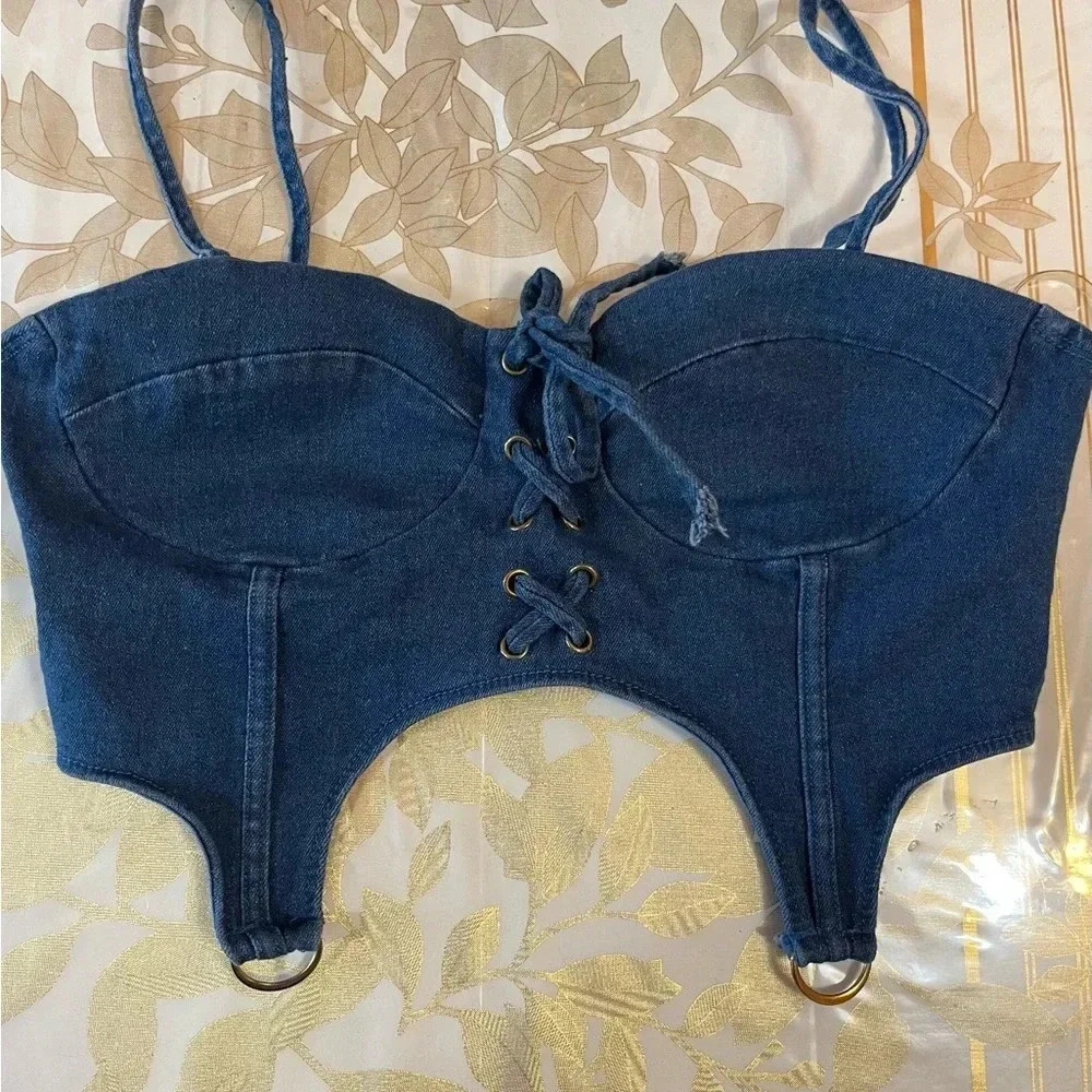 Crop Top Women Summer Sexy Denim
Lace Up Bandage Camisole Female size L(S/M)